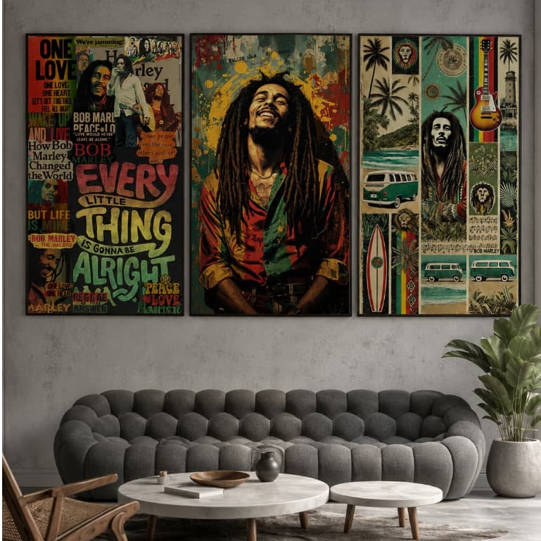 Kit Quadro Decorativo 3 Peças Bob Marley Música Decoração Cantor Reggae Fã Sala Quarto