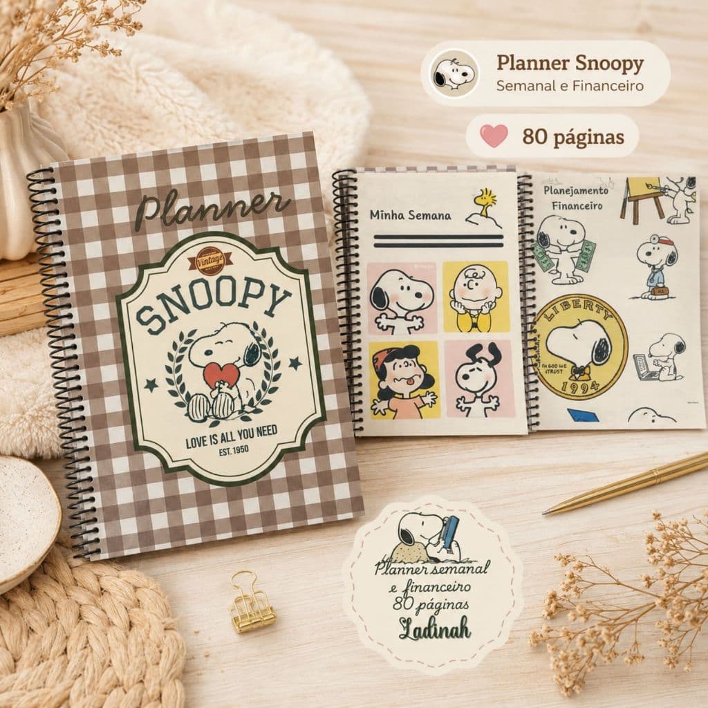 Planner Semanal Snoopy Permanente Folhas Marfim | Agenda Organização Semanal Rotina Estudos