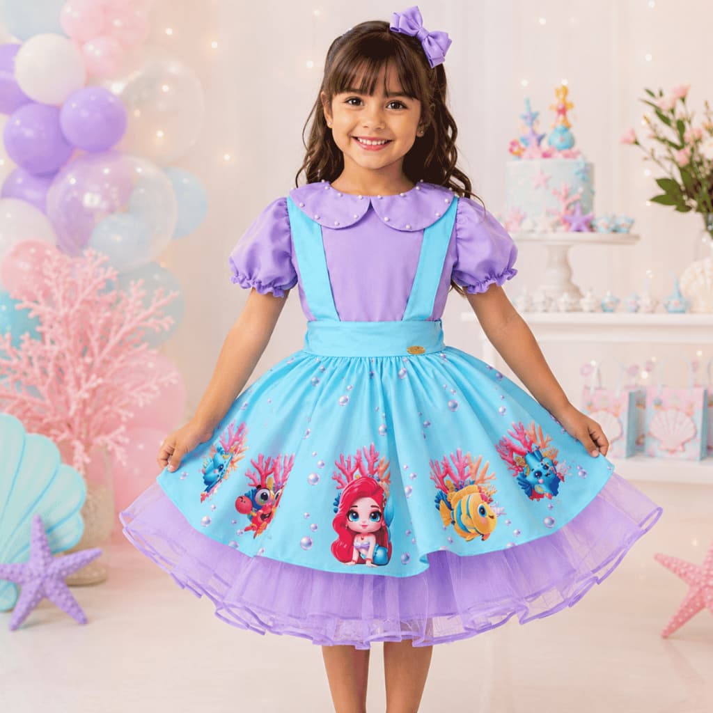 Vestido PEQUENA SEREIA ARIEL FUNDO DO MAR INFANTIL FESTA LUXO MENINAS RODADO