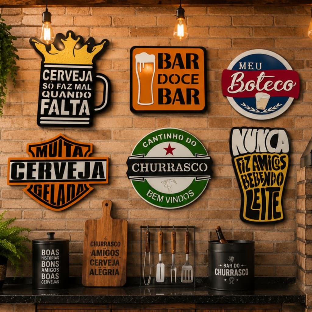 Kit 6 Placas Decorativas Bar Churrasco MDF 3D Área Gourmet Cerveja Parede Cozinha Decoração