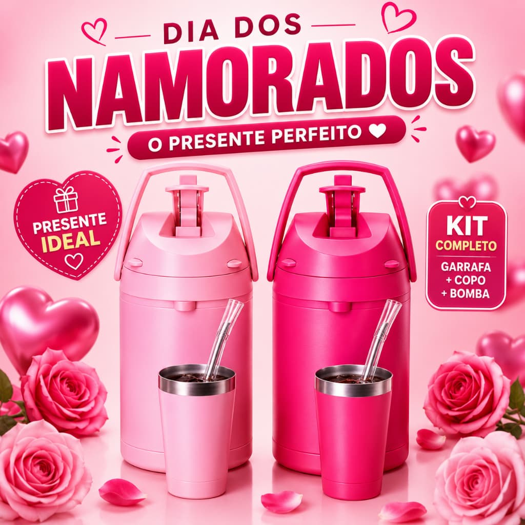 Presente Dia dos Namorados | Garrafa Térmica 2,5L com Copo e Bomba - Lilás, Pink ou Rosa