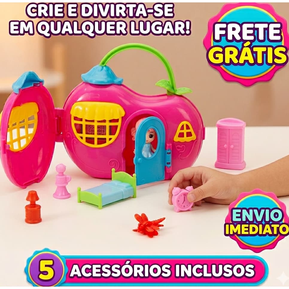 Brinquedo Mini Boneca Com Casinha Bolsinha Maleta E Mini Moveis Infantil Menina