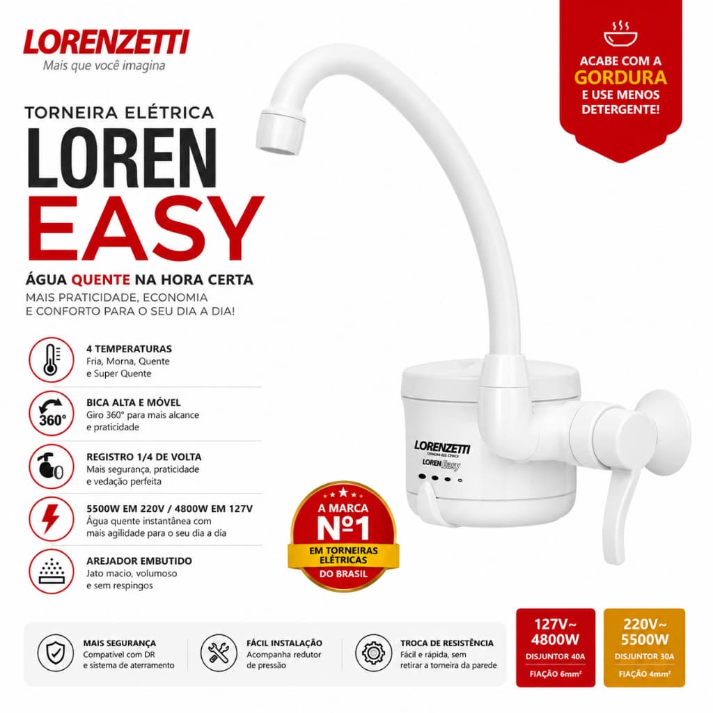 LANÇAMENTO! - Torneira Elétrica Loren Easy Bica Alta Parede 4 Temper., Cozinha, Lavanderia, Comércio
