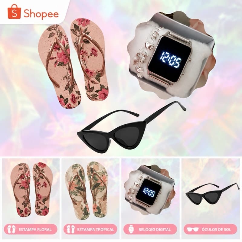 Relógio Digital Feminino Led Luxo Quadrado Redondo Chinelo Feminino Pulseira Folheada e Óculos de Sol