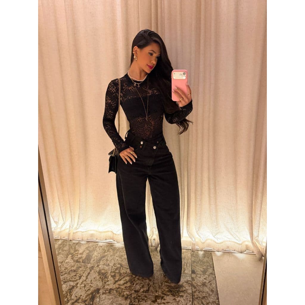 Body Feminino de Renda Manga Longa Elegante Transparente