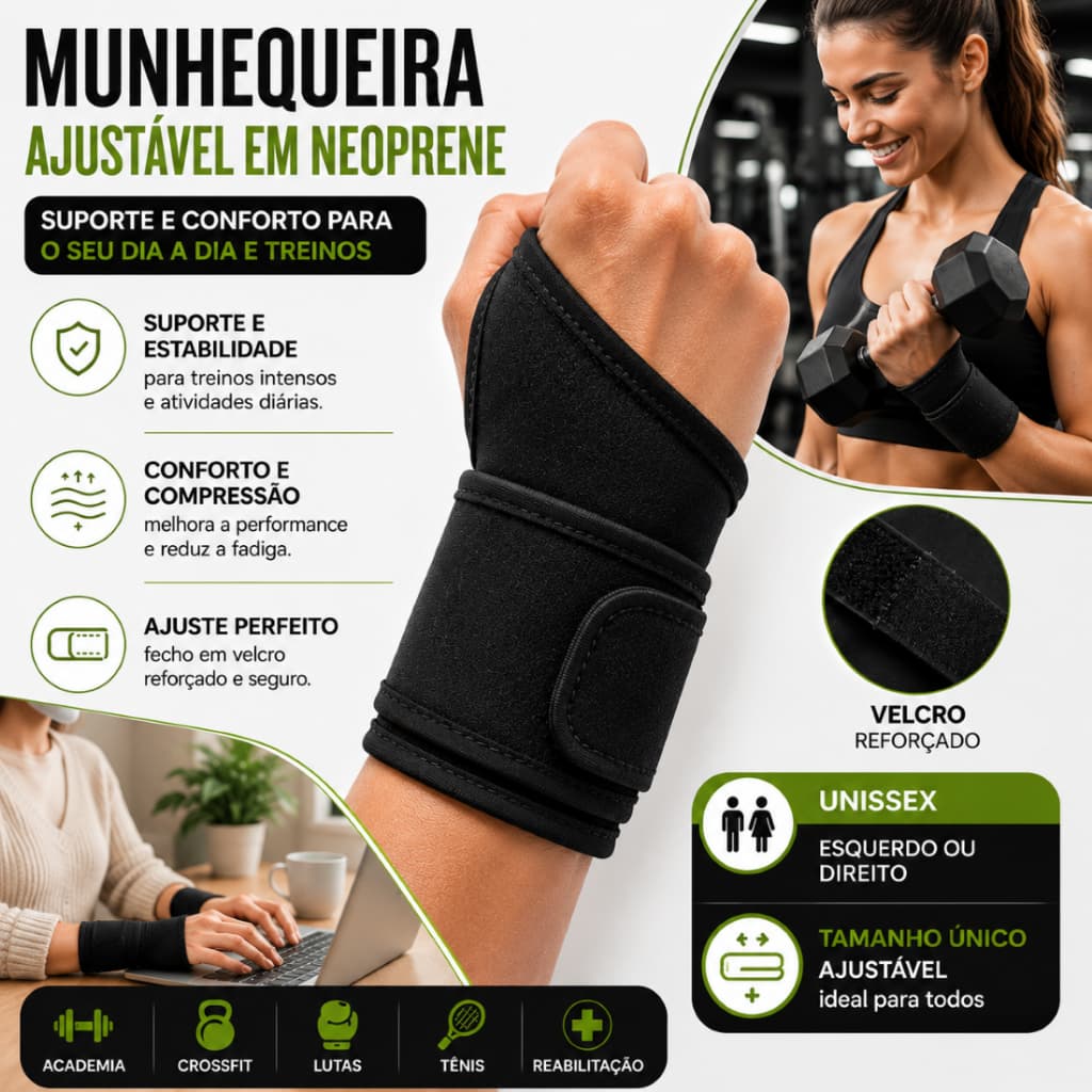 Munhequeira de Alta Compressão Ajustável - Suporte Punho Tendinite - Academia Musculação Crossfit