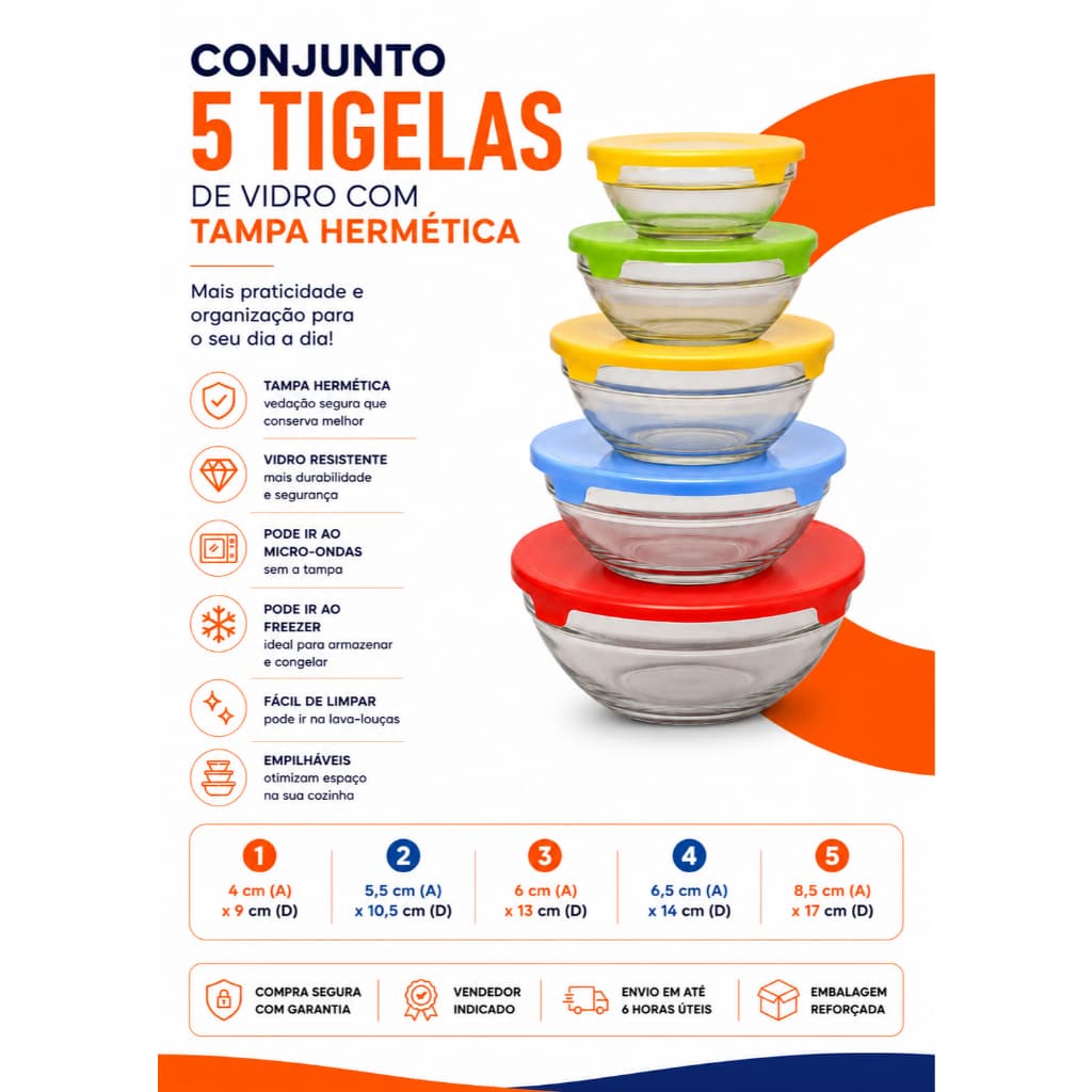 Conjunto 5 Tigelas de Vidro com Tampa Hermética Lyor | Vai ao Micro-ondas e Freezer