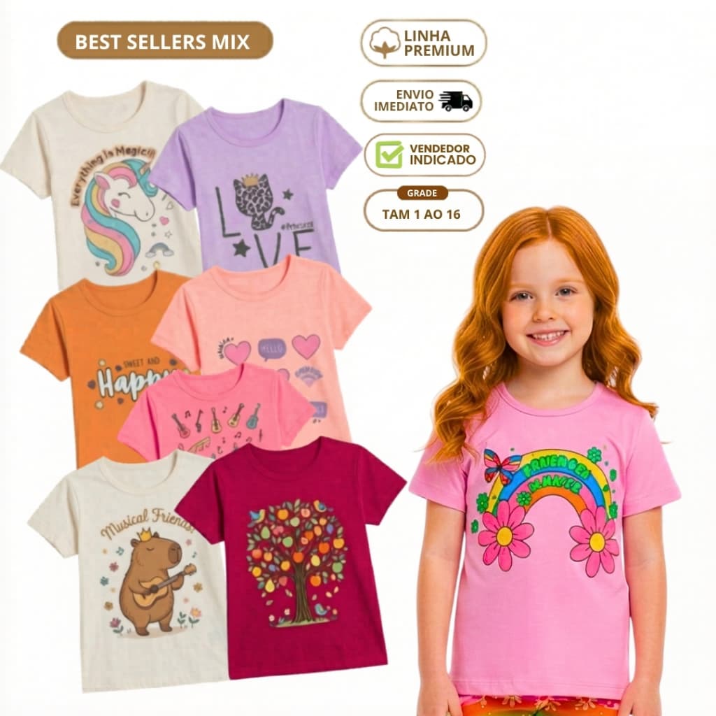 Kit 3 Peças Roupa Menina Camiseta Infantil Feminina Blusinha Algodão T-shirt Kids Escolar  1 ao 16