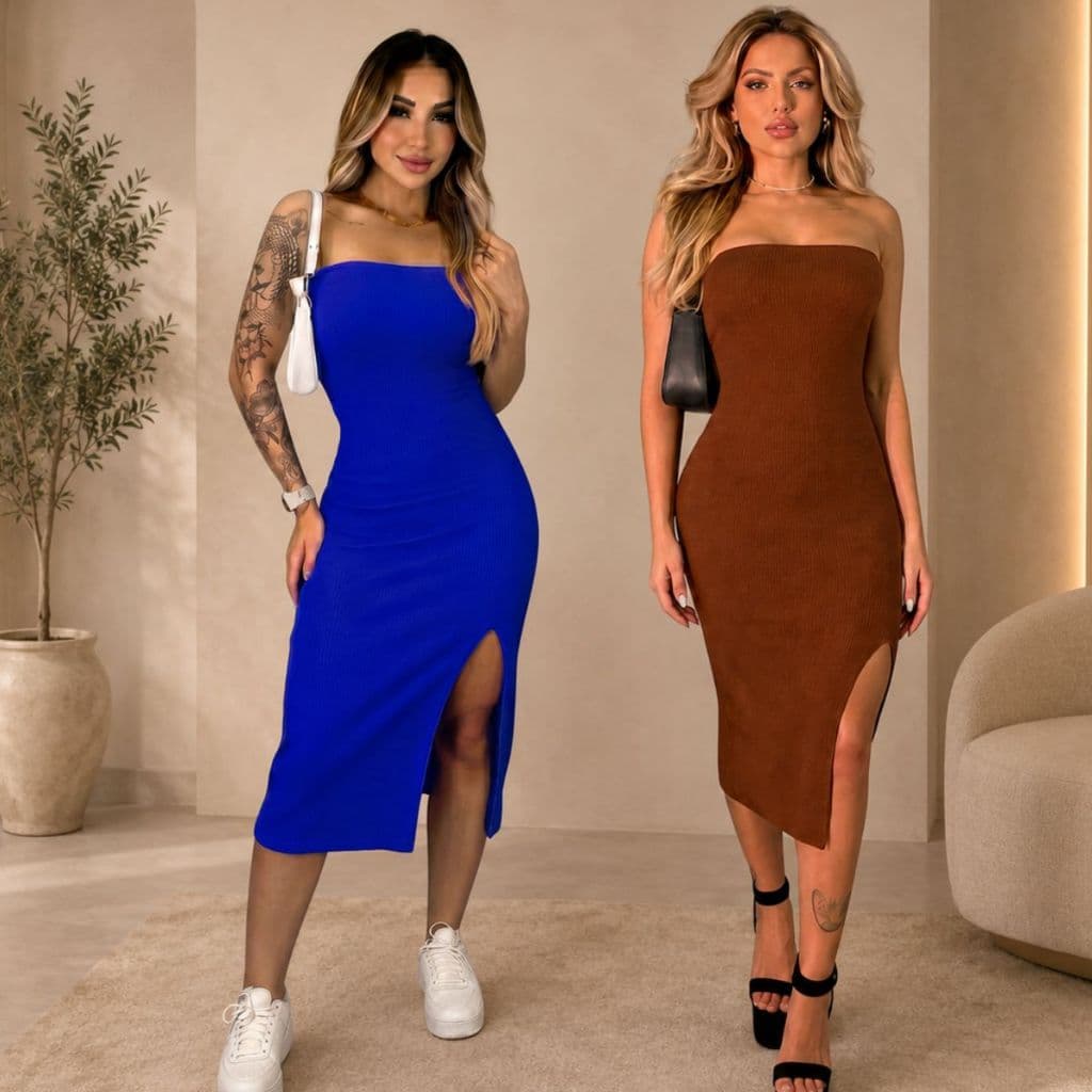 Kit 2 Vestido Midi Com Fenda Lateral Moda Feminina Tomara Que Caia Canelado Envio Imediato