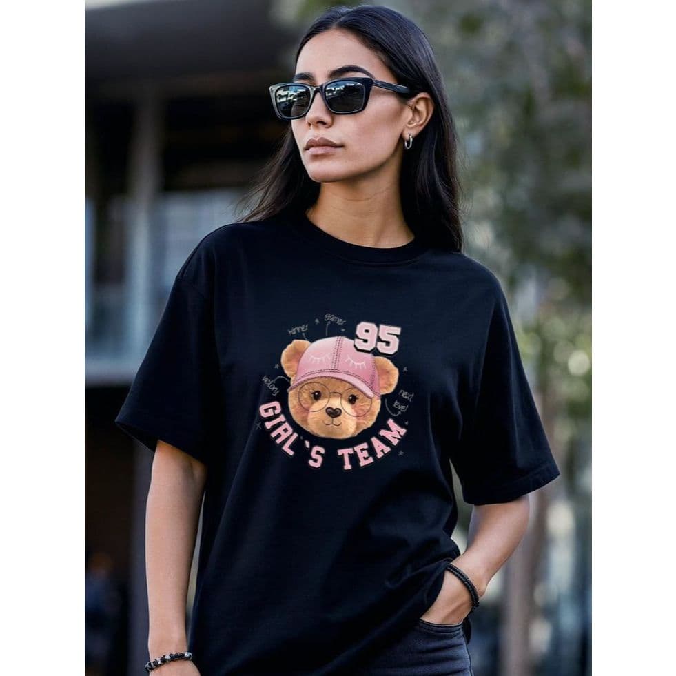 Camiseta Clássica Preto Feminina Camisa Estampada Ursinho Tumblr Casual Moda Verão Moderna