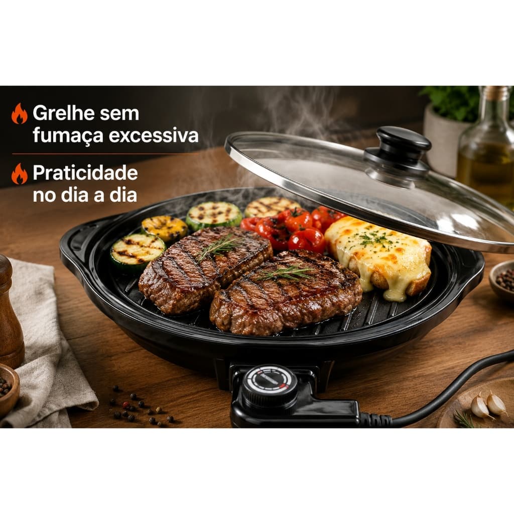 Grill Eletrico Redondo Antiaderente Controle Temperatura Alta Potencia Cozinha Preta 220v