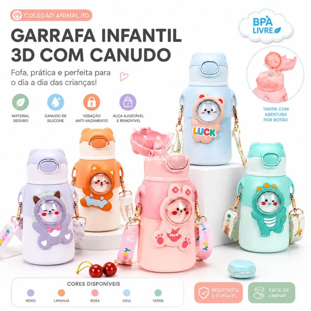 Garrafa Térmica Infantil 520ml Aço Inox com Canudo Copo Cartoon Criança Escola Presente Quente Frio
