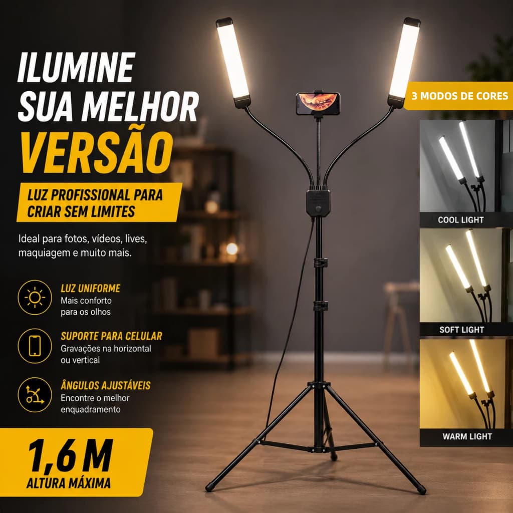 Ring Light Led 45W com Braços Duplos + Tripé 1.6m Luz de Preenchimento Bicolor Profissional