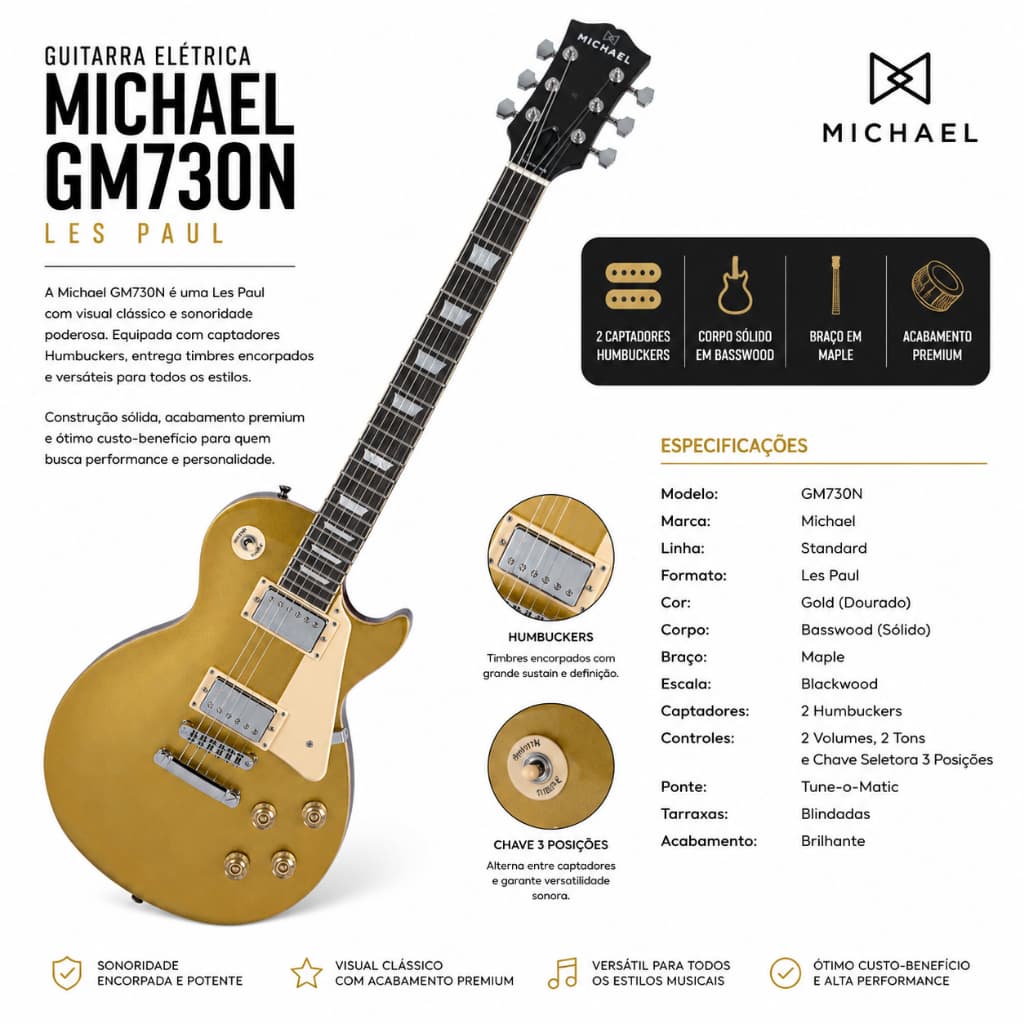 Guitarra Elétrica Michael Gm730n Les Paul Humbuckers