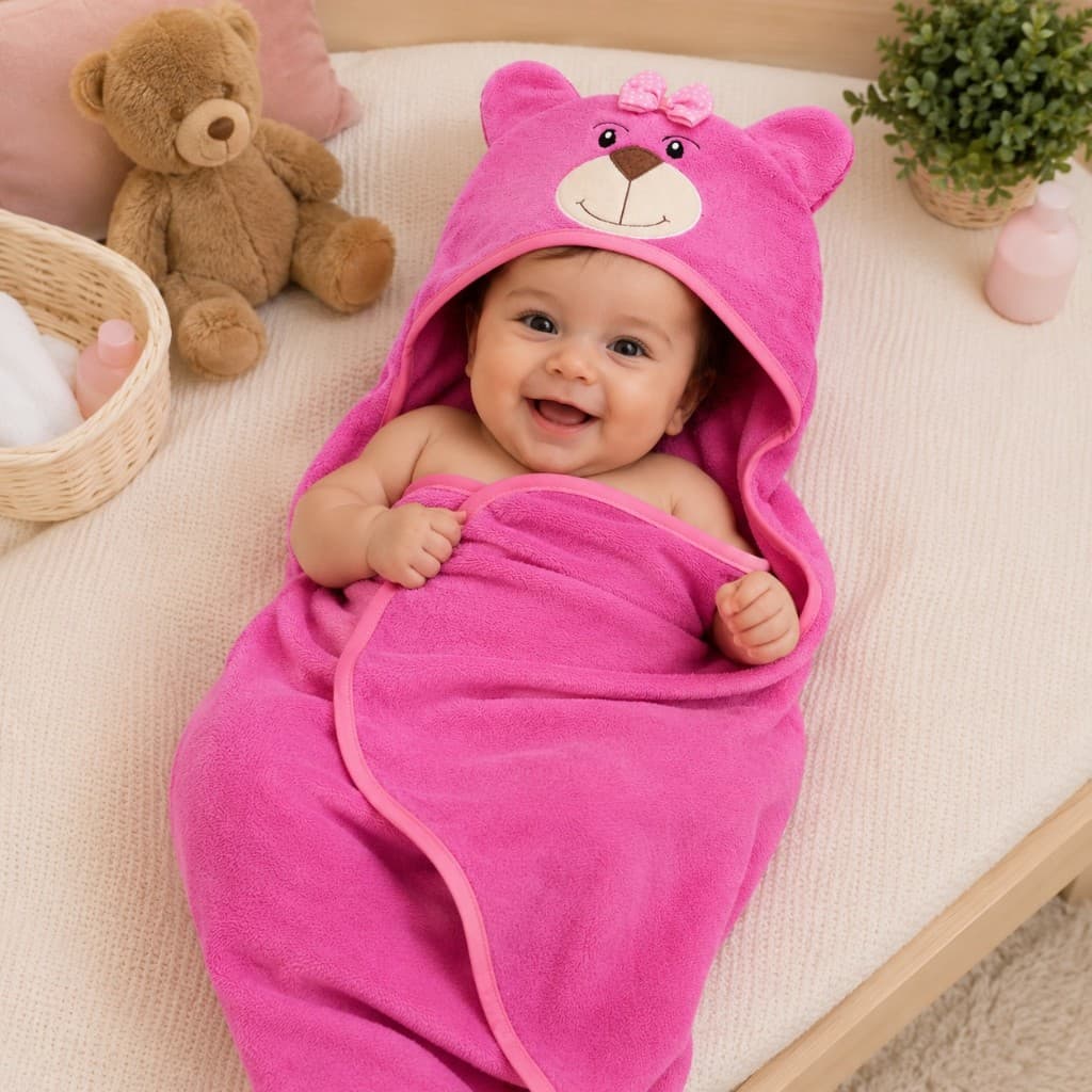 Toalha de Banho Bebe Capuz Fralda Manta Enxoval Orelhinha Felpudo Menina Menino Rosa Azul Ursinho