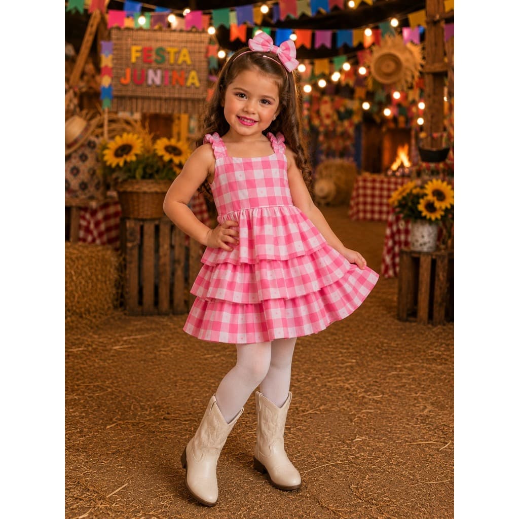 Vestido Infantil Menina Festa Junina Caipira Xadrez Rosa