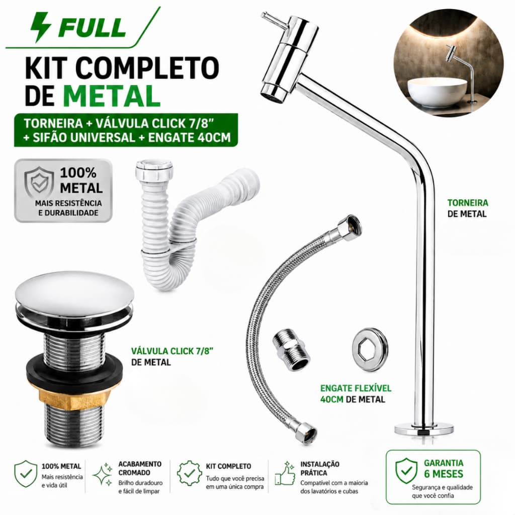 Kit Metal Torneira Banheiro Lavatorio Ralo Válvula click 7/8 Cromada Sifão Universal  Engate 40CM