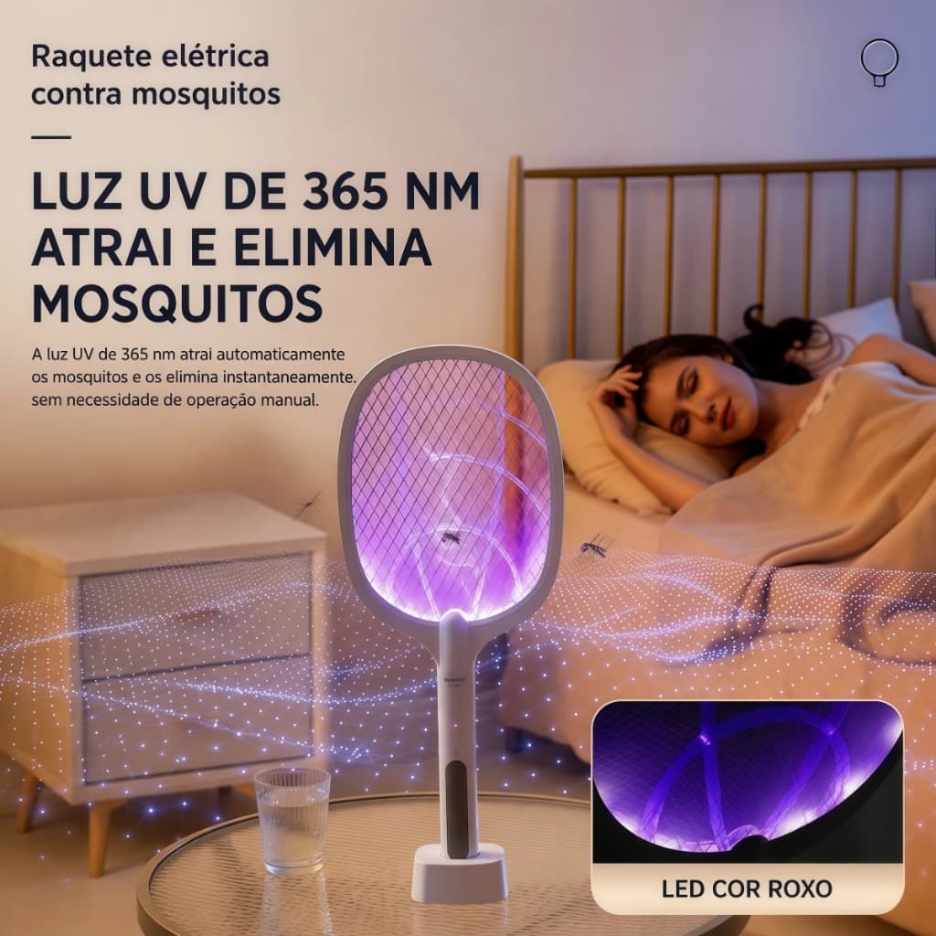 Raquete Elétrica Mata Mosquito Recarregável USB 2 em 1 com Luz UV e Base de Apoio