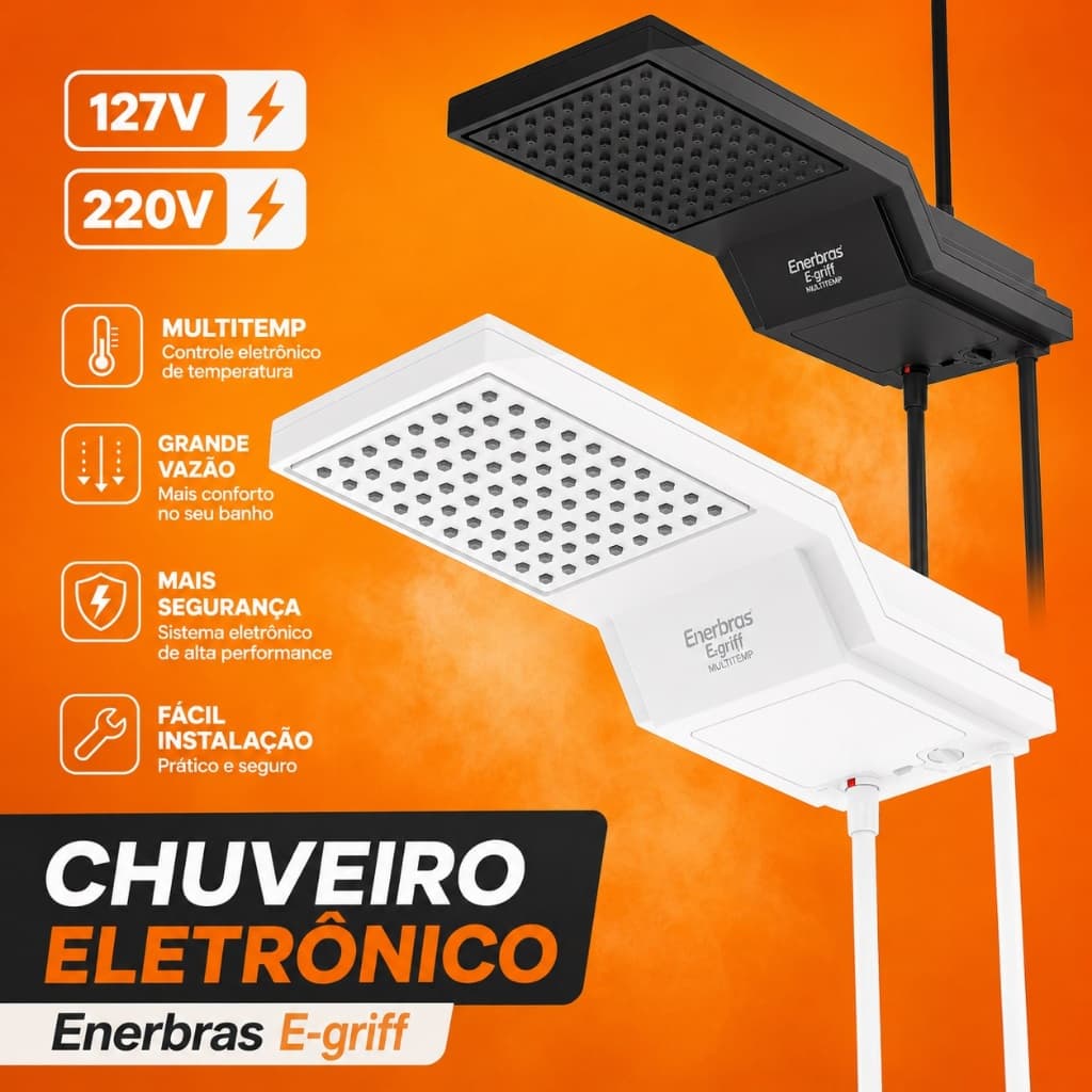Chuveiro eletrônico E-griff Branco Preto 127v 220v Enerbras