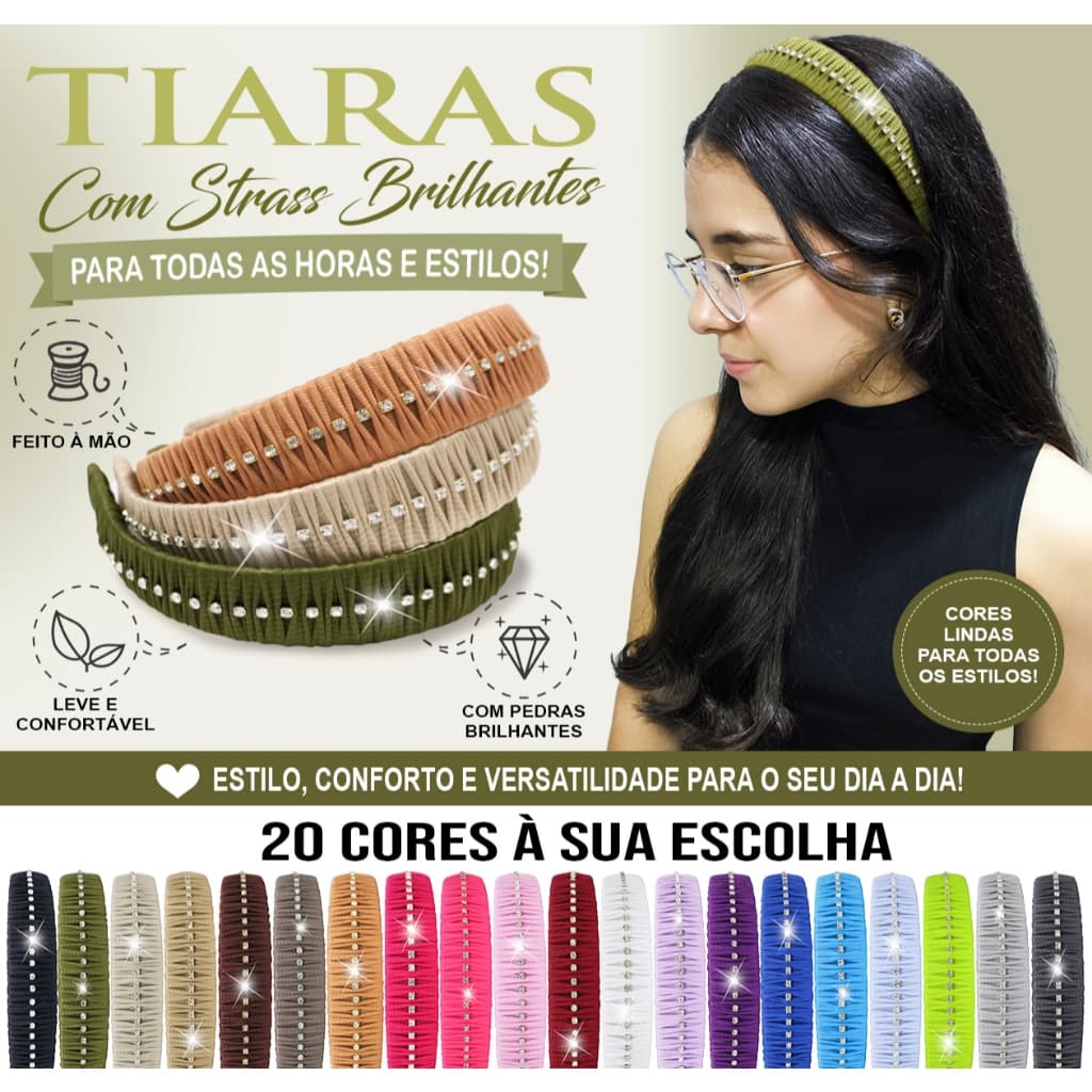 Kit 5, 2 ou 1 Tiara de Cabelo com Strass 20 Cores Fio de Malha Acessário Arquinho Diadema 3cm