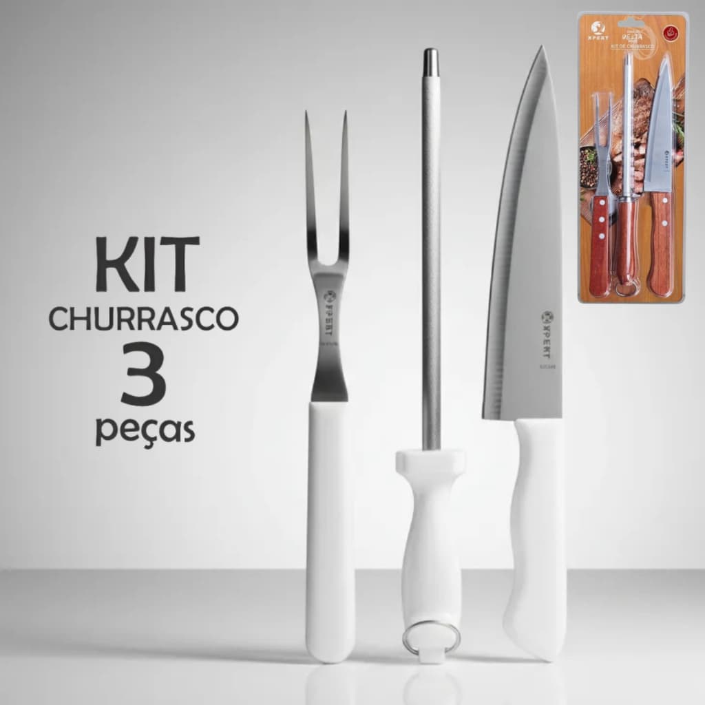 Kit Churrasco 3 Peças Faca Garfo Chaira Aço Inox Resistente Essencial Cabo Branco e Madeira