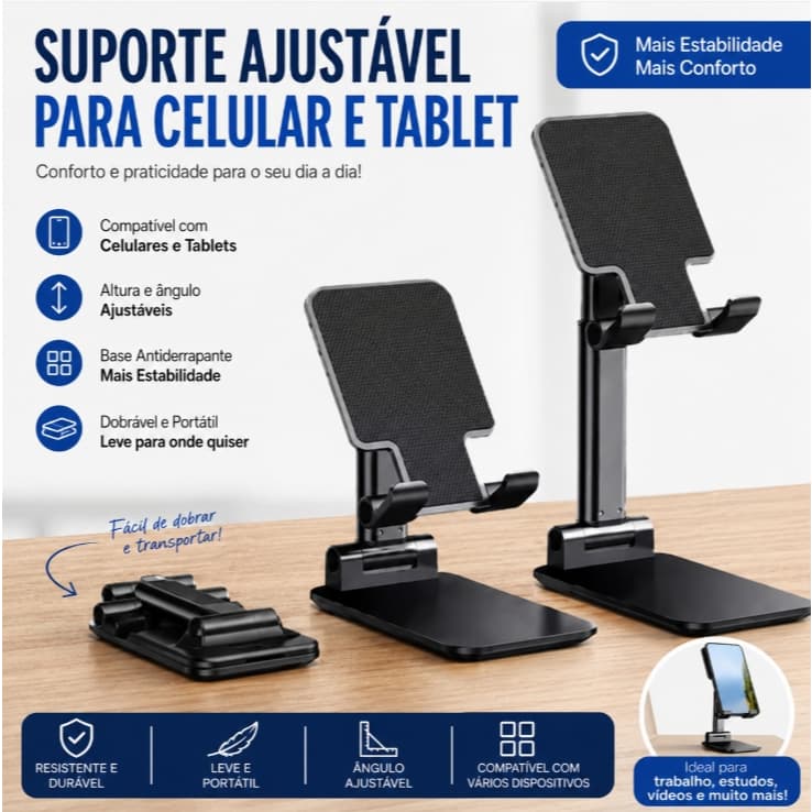 Suporte Ajustável Dobrável para Celular e Tablet Mesa Escritório