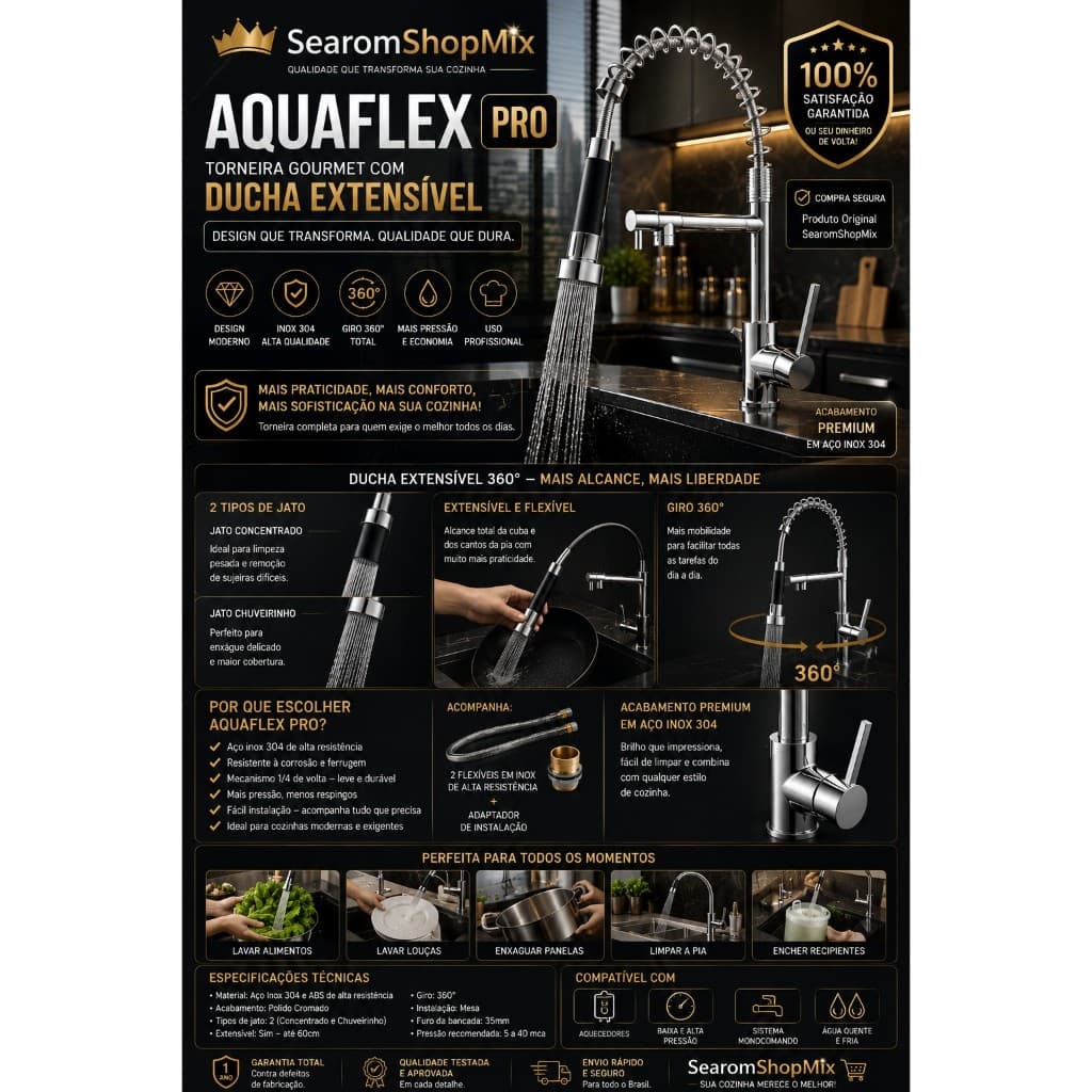 Torneira Mesa Ducha Extensivel Cozinha Alta Qualidade Inox Design Moderno Versatil