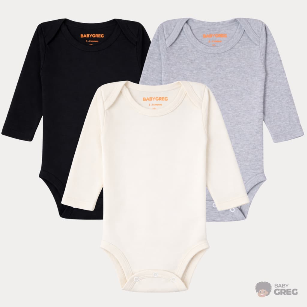 Kit 3 Body Bebê Manga Longa Minimalista Liso Suedine 100% Algodão Qualidade Baby Greg (RN/P/M/G/GG)