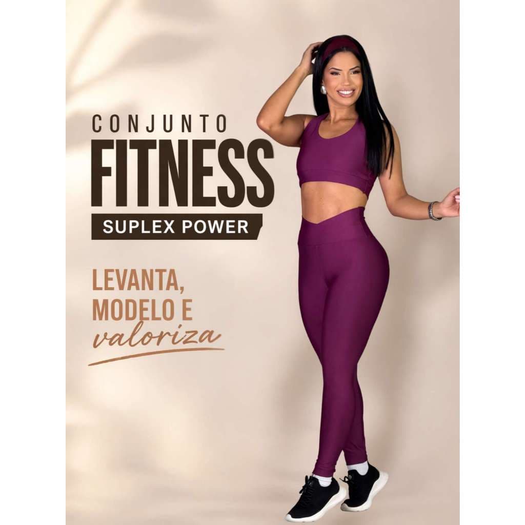Conjunto Fitness Feminino Suplex Power Top Nadador + Legging Cós Alto Modelador Academia Treino