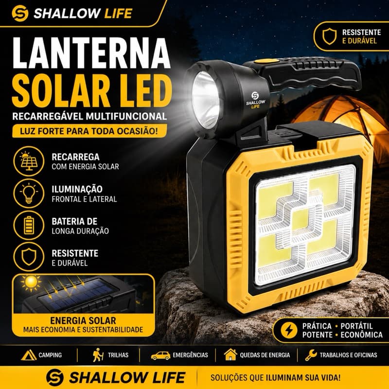 Lanterna Solar LED Recarregável Multifuncional Portátil para Camping Emergência e Trabalho