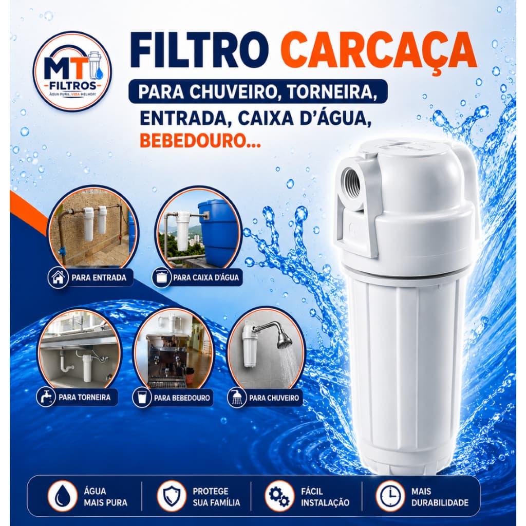 Filtro de água Carcaça 10" para caixa dágua, cavalete, torneira, pia, bebedouro, chuveiro, etc.