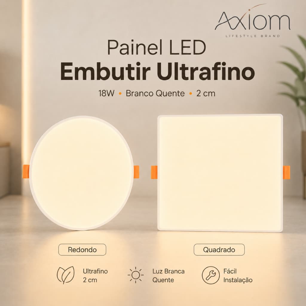 Painel de LED Embutir Axiom Plafon Quadrado Redondo Sem Borda Ajustavel 18W Bivolt