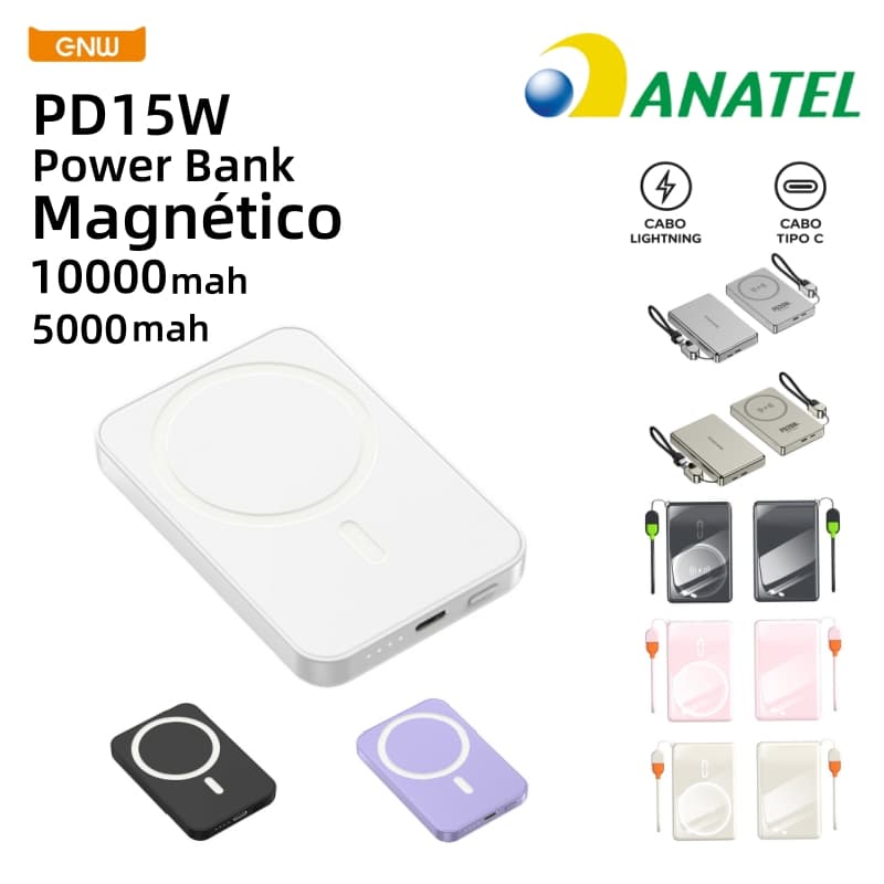 Power Bank Indução Magnética 5000mAh e 10000mAh - Carregador Portátil com MagSafe - Carga Sem Fio Universal