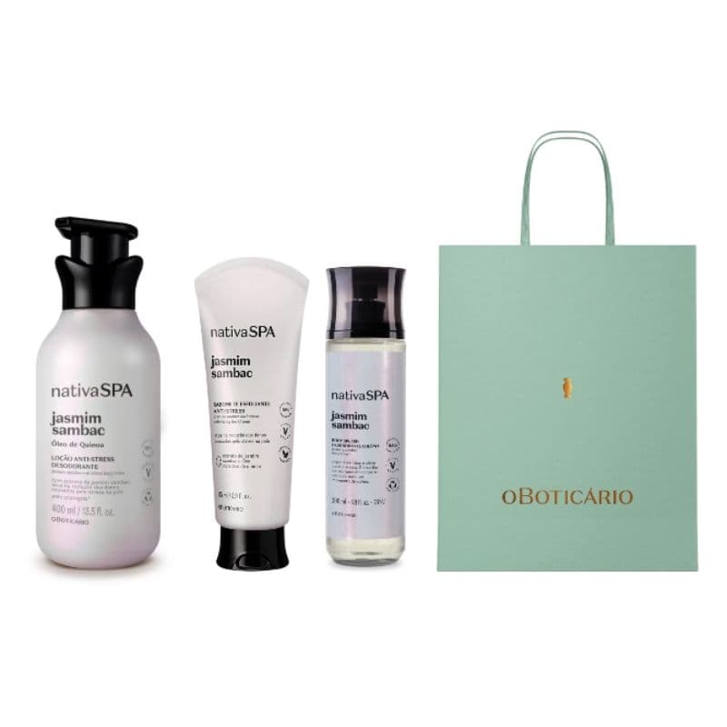 Dia dos Namorados Boticário Nativa Spa Jasmim Sambac: Loção Hidratante 400ml, Body Splash 200ml,Esfoliante 200ml