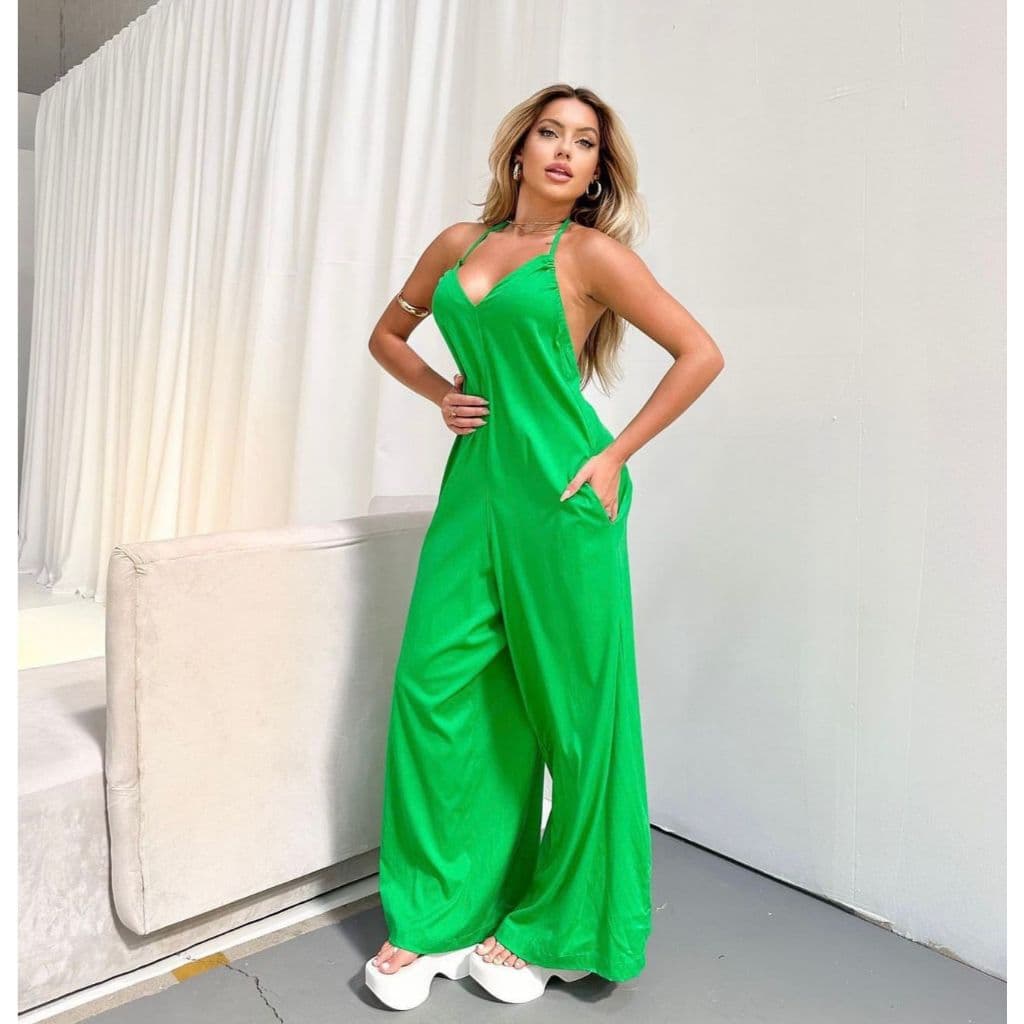 Macacão Longo Feminino Verde | Viscose 98% | Costas Abertas | Festa | Casual | Elegante | Moda Feminina