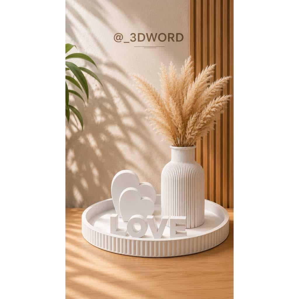Kit Decorativo Love - Bandeja - Vaso Corações - Estilo Boho Moderno - Impressão 3D - Decoração Sala Quarto Luxo Premium
