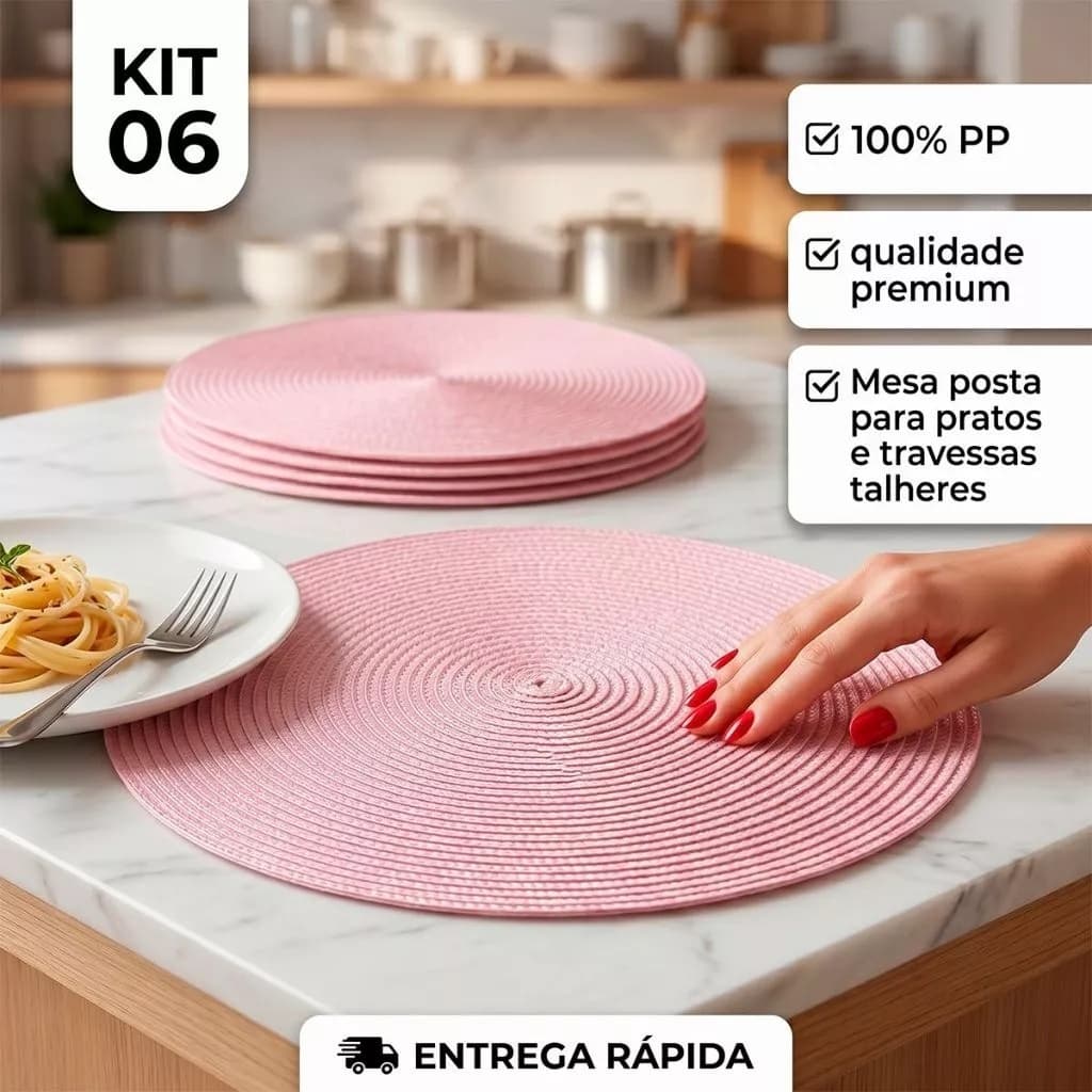 Kit Americano Redondo Rosa 6 Mesa Posta Decorado 38cm 100% PP Resistente