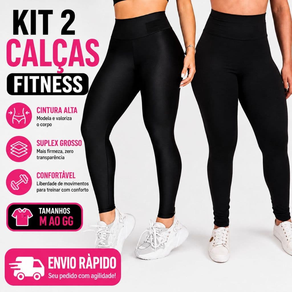 KIT 2 Calças Legging Fitness Suplex Grosso Feminina Cintura Alta Para Academia Preta e Cinza