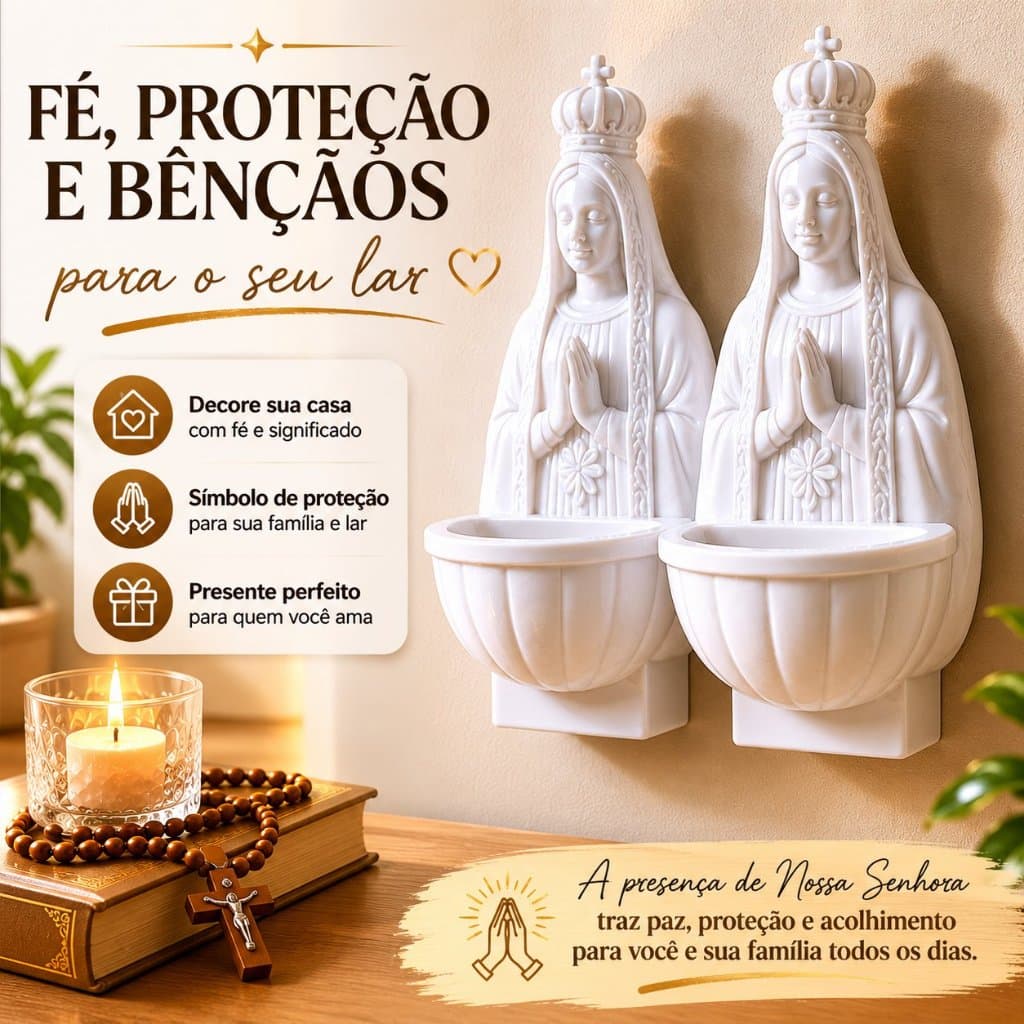 Kit 2 Fonte Pia Água Benta Nossa Senhora Aparecida Parede ou Bancada Decoração Religiosa