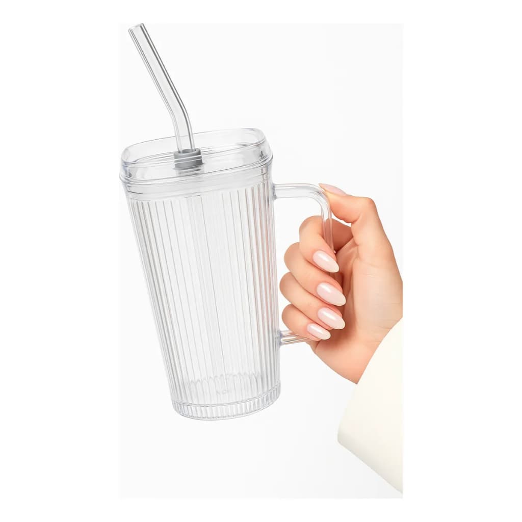Copo de Vidro com Tampa e Canudo de Vidro 250ml Quadrado com Alça