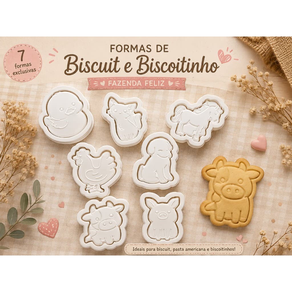 Kit 7/5  Cortador de Biscoito Infantil Fazendinha de Animais 5cm Cortador Bolacha Amanteigada Massinha