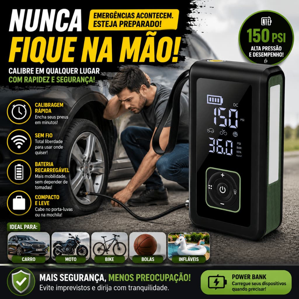 Mini Compressor de Ar Portátil Sem Fio Digital 150 PSI Pneus