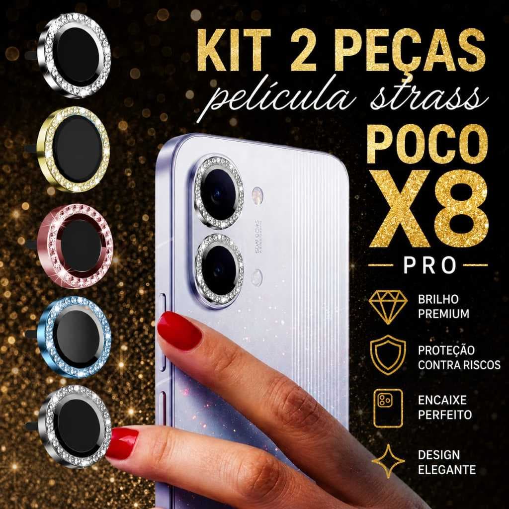 Kit 2 Película Protetor de Câmera Strass Brilho Diamante Para Xiaomi Poco X8 Pro
