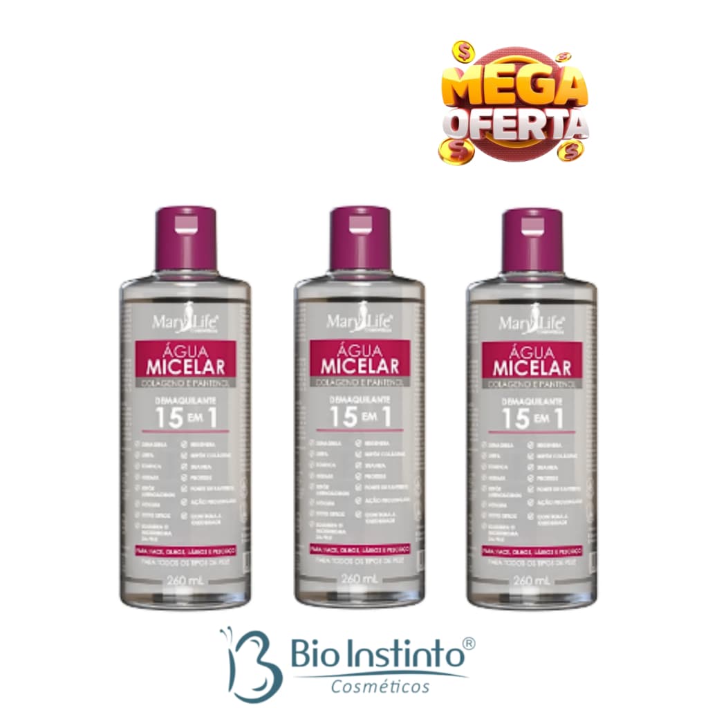 ÁGUA MICELAR COLÁGENO E PANTENOL 15 EM 1 260ML-MARY LIFE