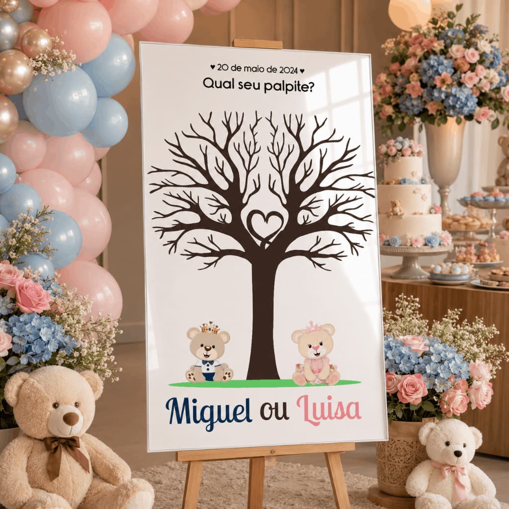 Quadro Chá Revelação Menino ou Menina Árvore de Palpites Ursinhos Decoração Festa Bebê
