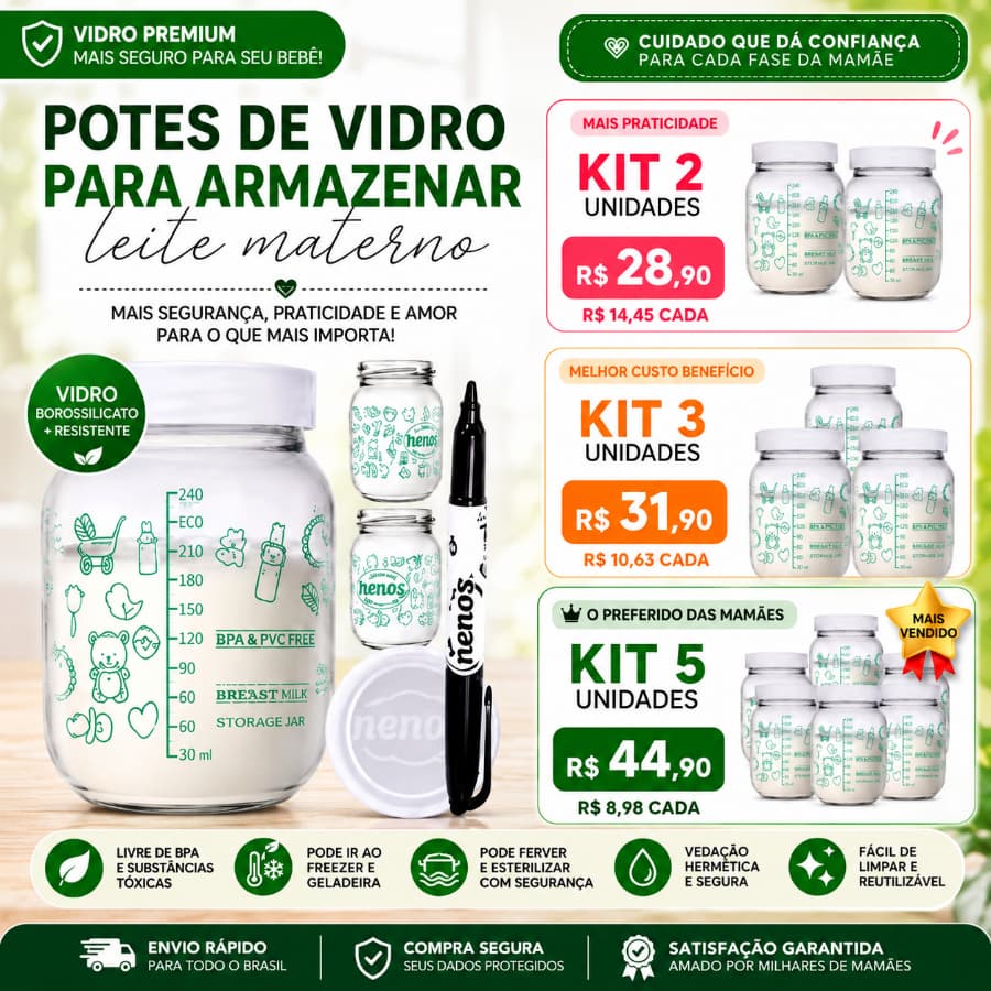Potes de Vidro 267ml, Armazenar Leite Materno ou Papinha, Tampa Plástica BPA-Free (Baby-Verde)