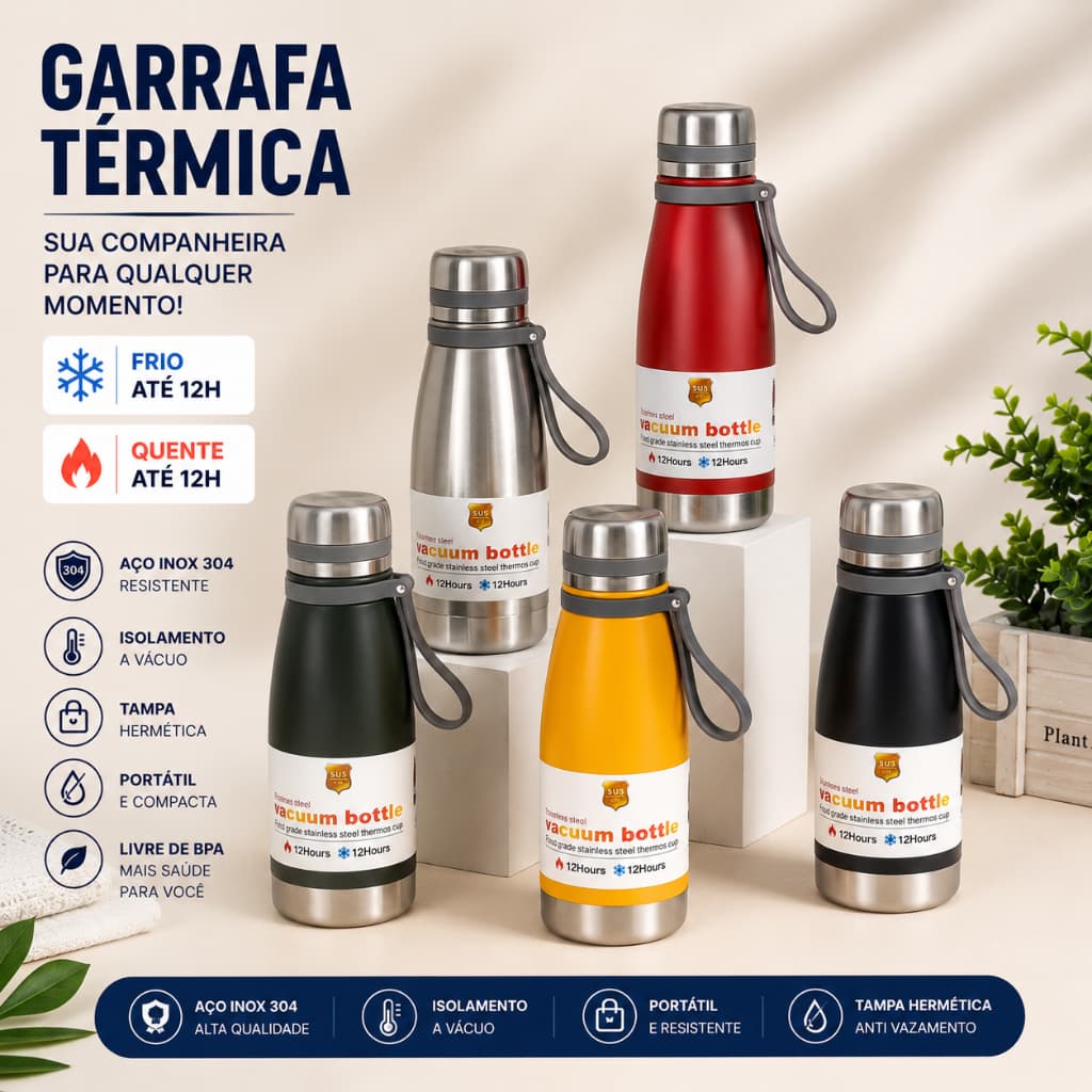 Garrafa Termica Inox 304 650ml Portatil Com Alca Mantem Quente e Frio Academia Trabalho Uso Diario