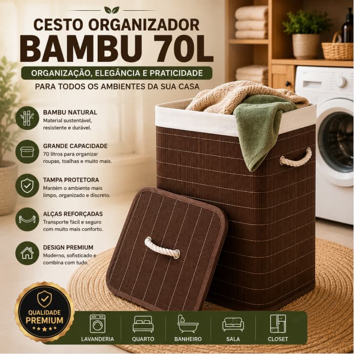 Cesto Organizador Bambu 70L Com Tampa Alças Dobrável Lavanderia Roupas Premium
