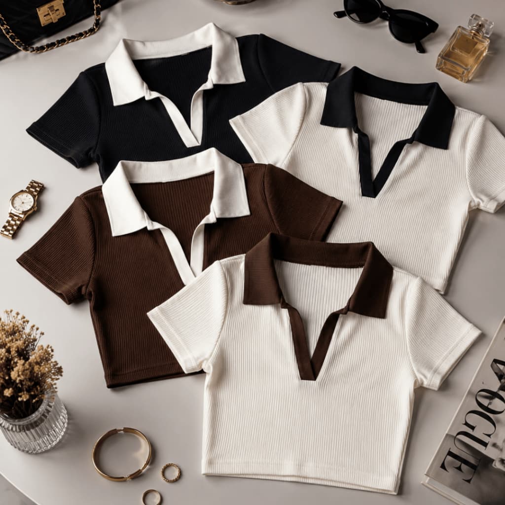 Kit 4 Cropped Polo Feminino Bicolor Premium Manga Curta Blusa Canelada Estilo Clean Moda Feminina