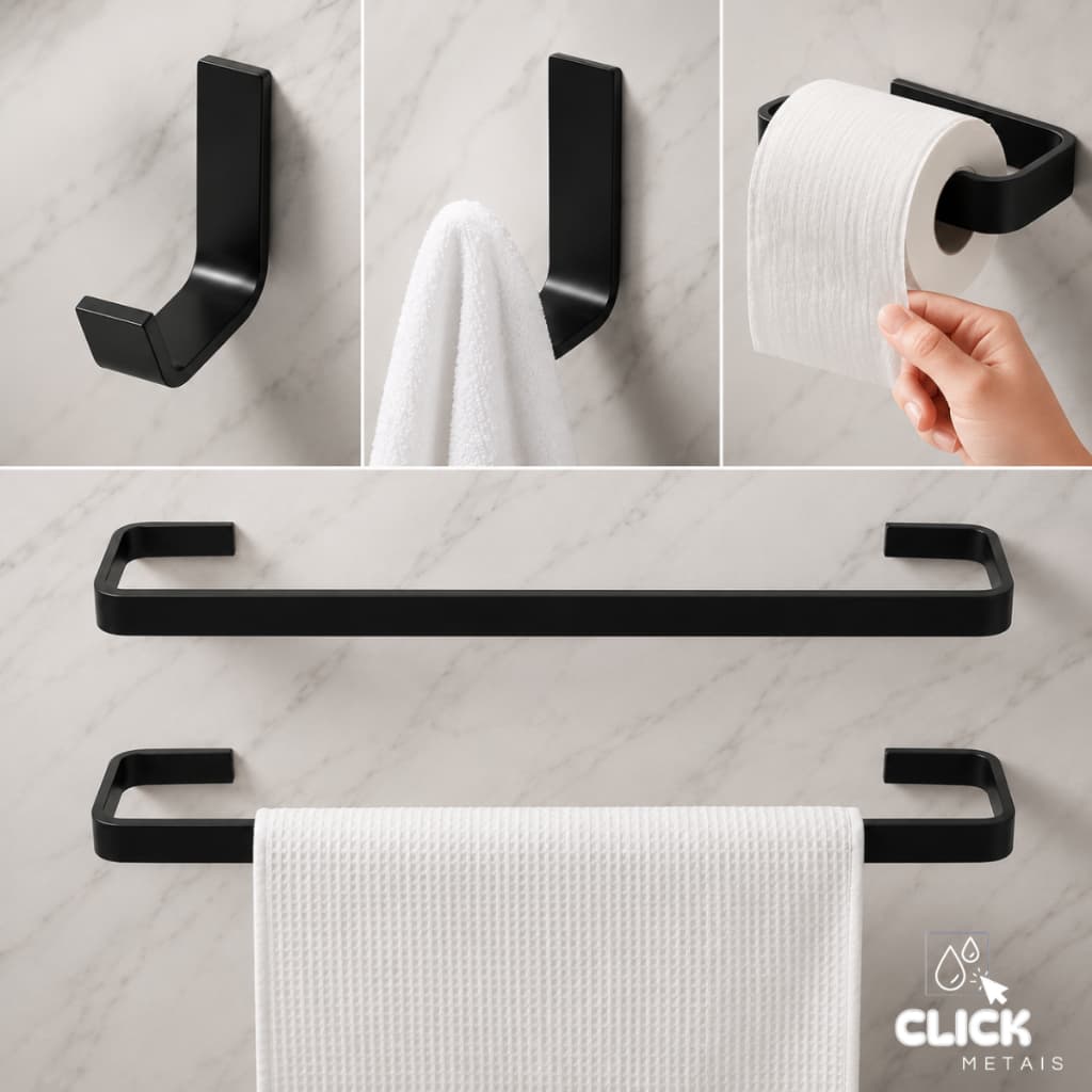Kit Acessórios Para Banheiro Black 5 Peças Quadrado Preto Fosco Alumínio Porta Toalha Antiferrugem